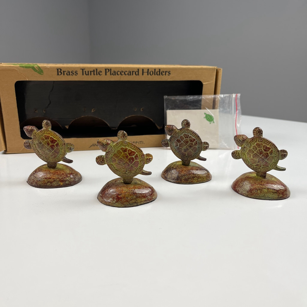 Ancient Graffiti brass turtle placecard holders green brown set 4 pieces